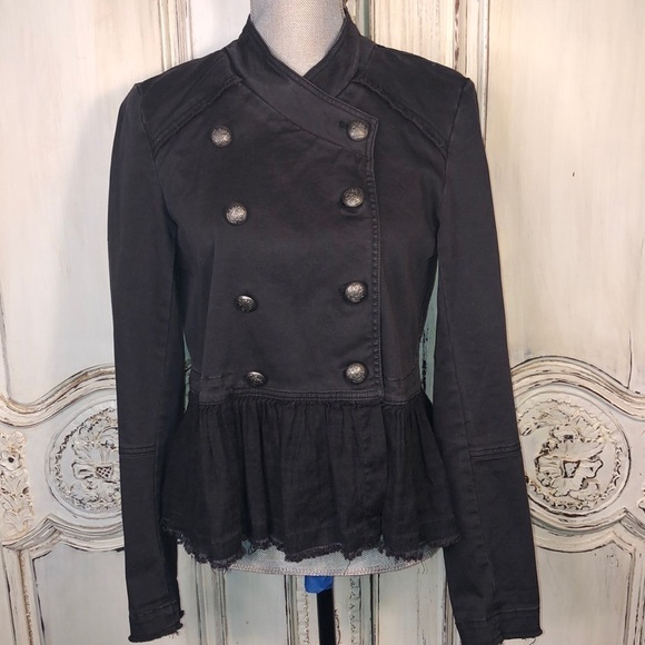 Free People Double Breasted Gray Denim Peplum Skirt Military Jacket Size Small P - Picture 1 of 13